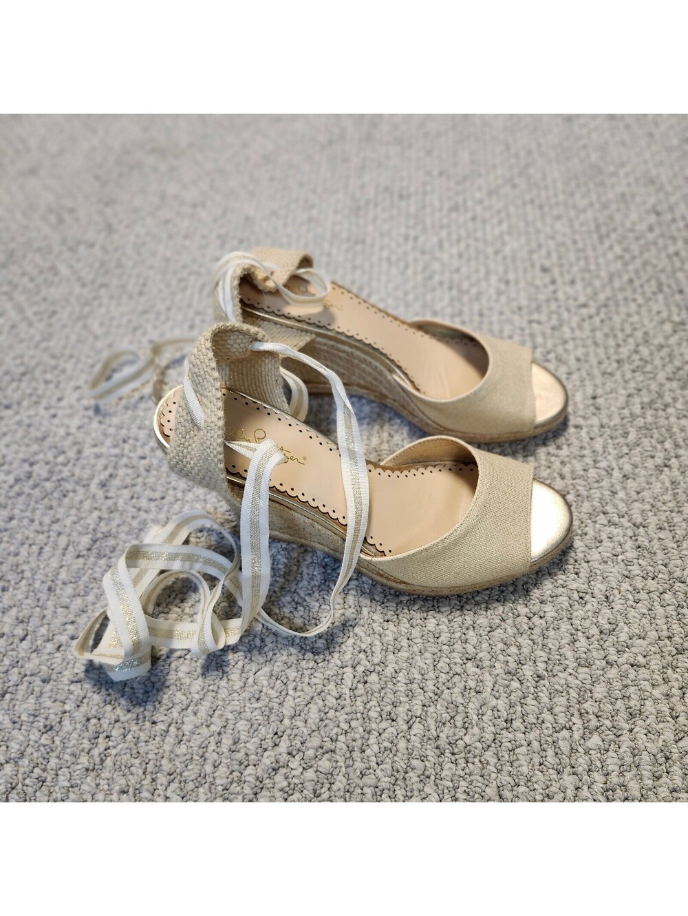Lilly Pulitzer Beige Espadrille Wedge Sandals with Ankle Tie Size 8.5